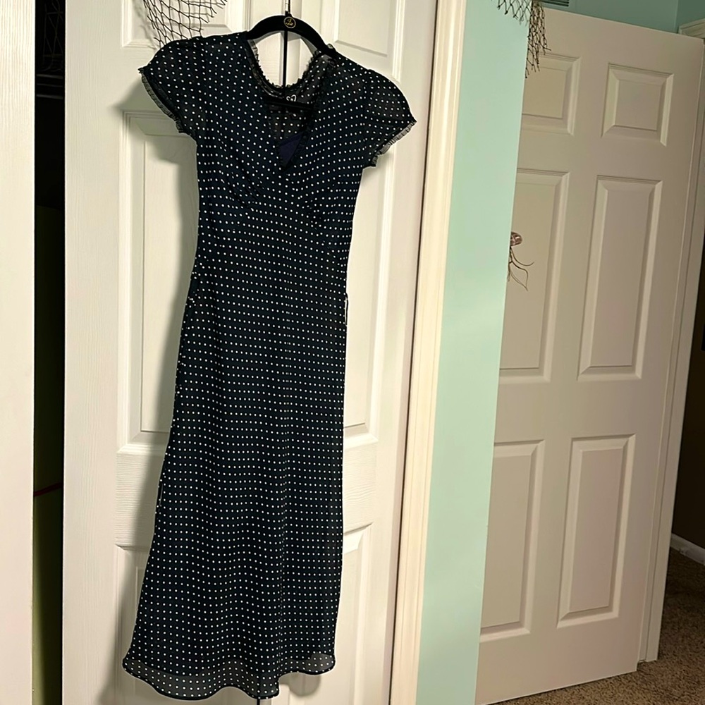 Navy Blue and White Polka Dot Almost Vintage dress. Size small may fit like XS